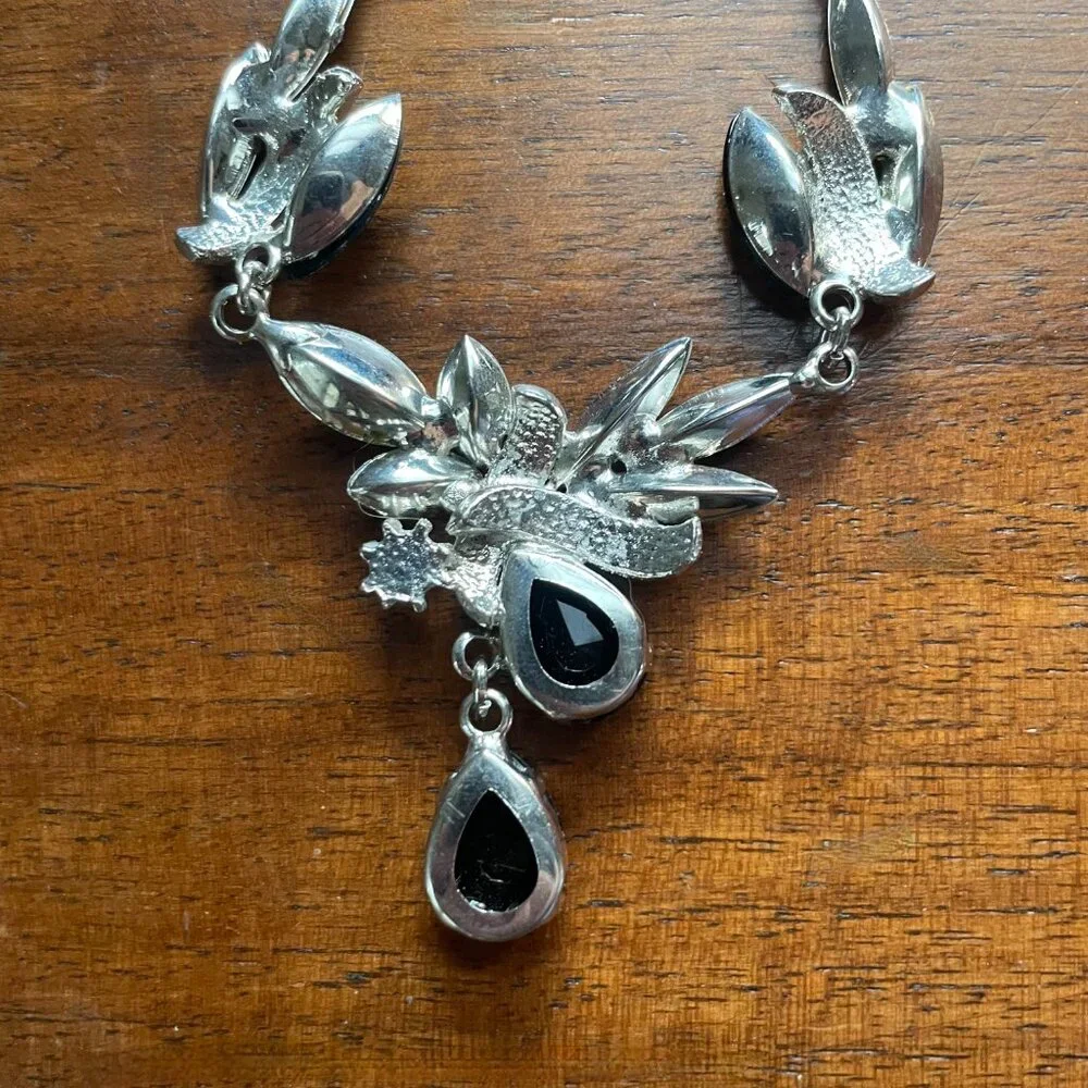 Black Stone and Silver Toned Necklace with Rhinestones